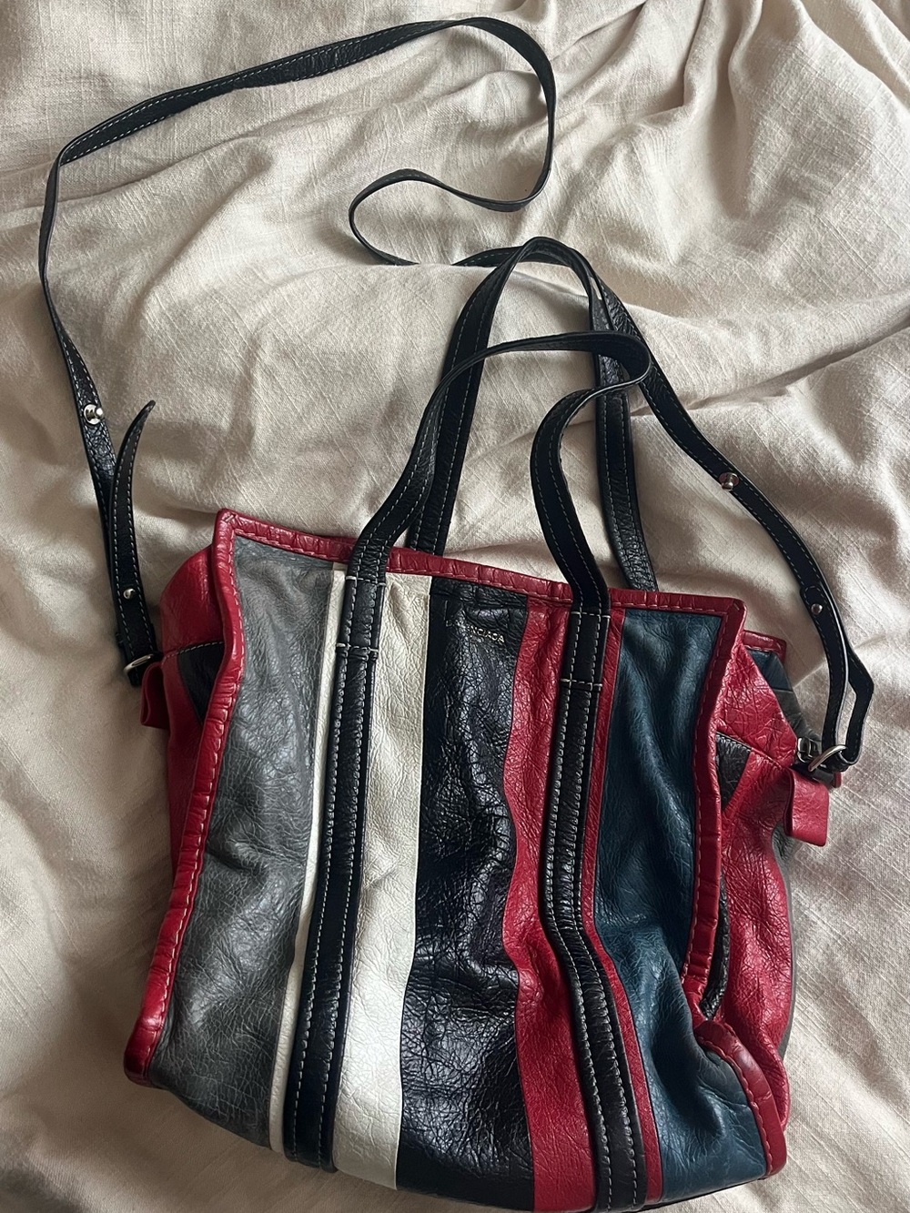 Balenciaga Striped Lambskin Shoulder Bag in Red, Navy, Black & White